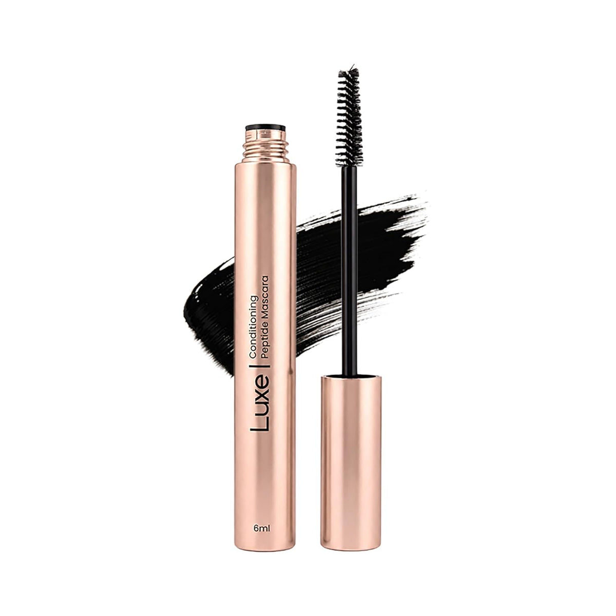 LUXÉ mascara front packaging showing sleek tube and bold black shade benefit