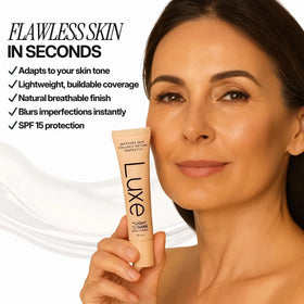 Luxe model lifestyle wearing foundation showcasing natural matte finish and confidence