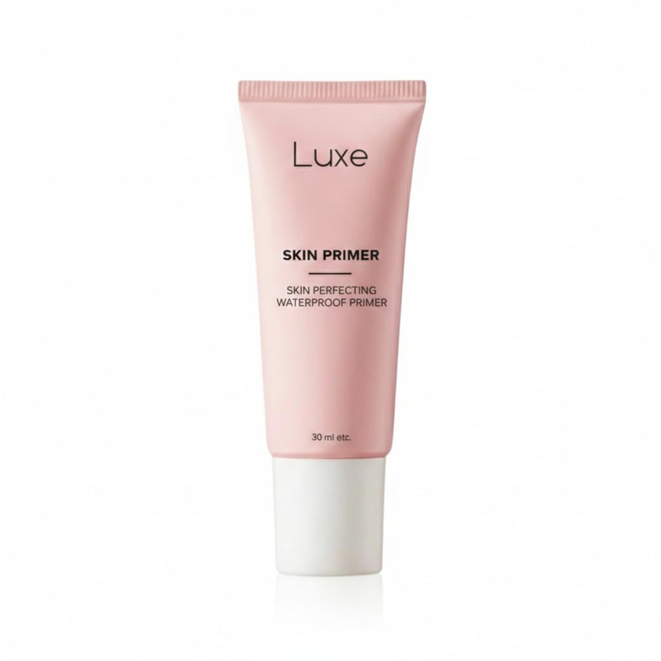 LUXE primer front packaging showing compact 1.0 oz tube and branding benefit