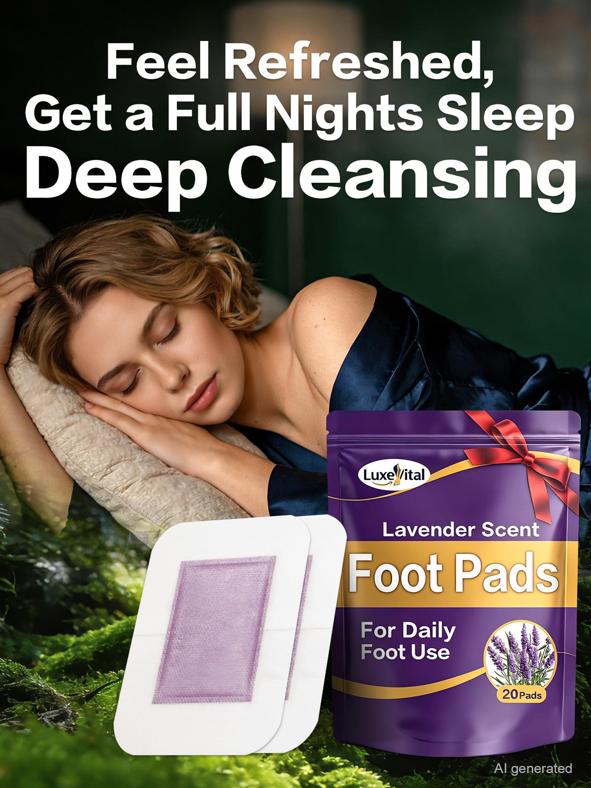 LuxeVital single adhesive foot pad close-up demonstrating comfortable overnight fit