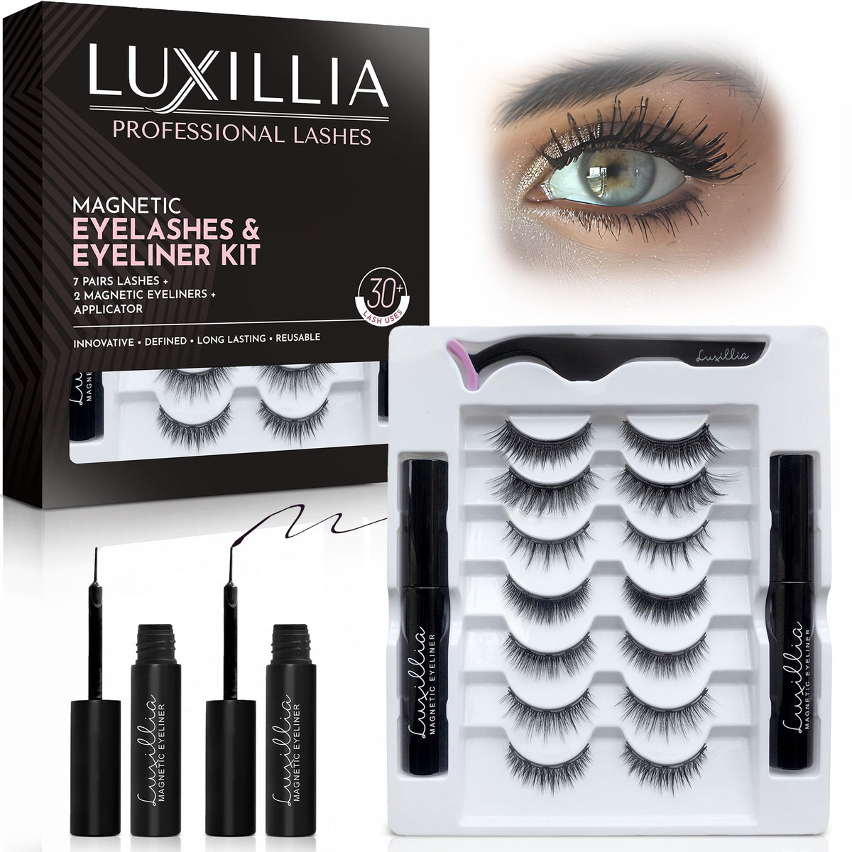 Luxillia front packaging showing the complete 10-piece lash kit and benefits