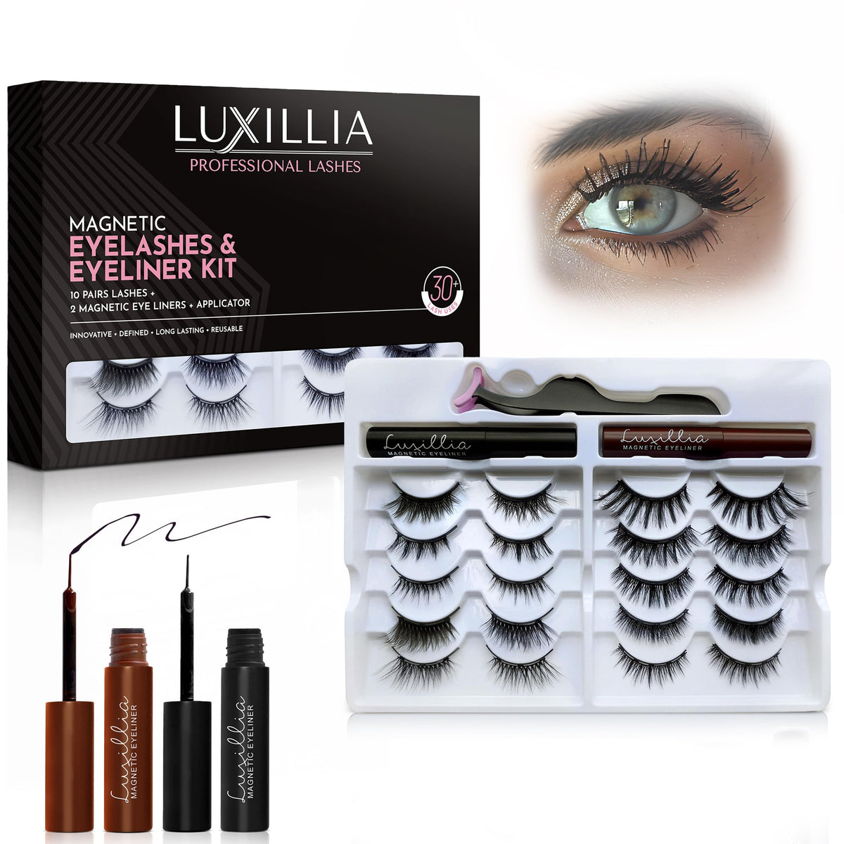 Luxillia front packaging showing complete magnetic lash kit benefits
