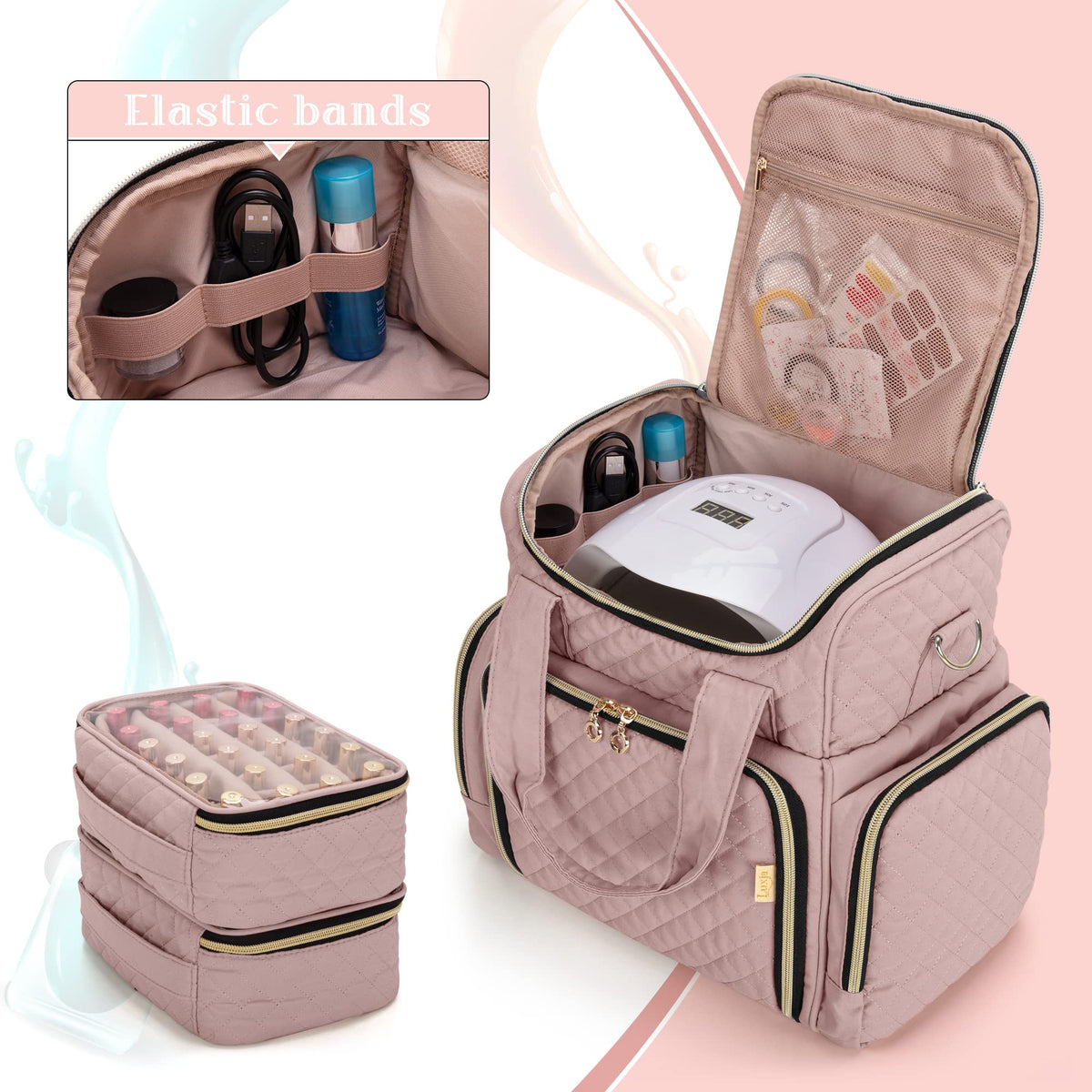 LUXJA open top displaying nail lamp secured by elastic bands, organized storage