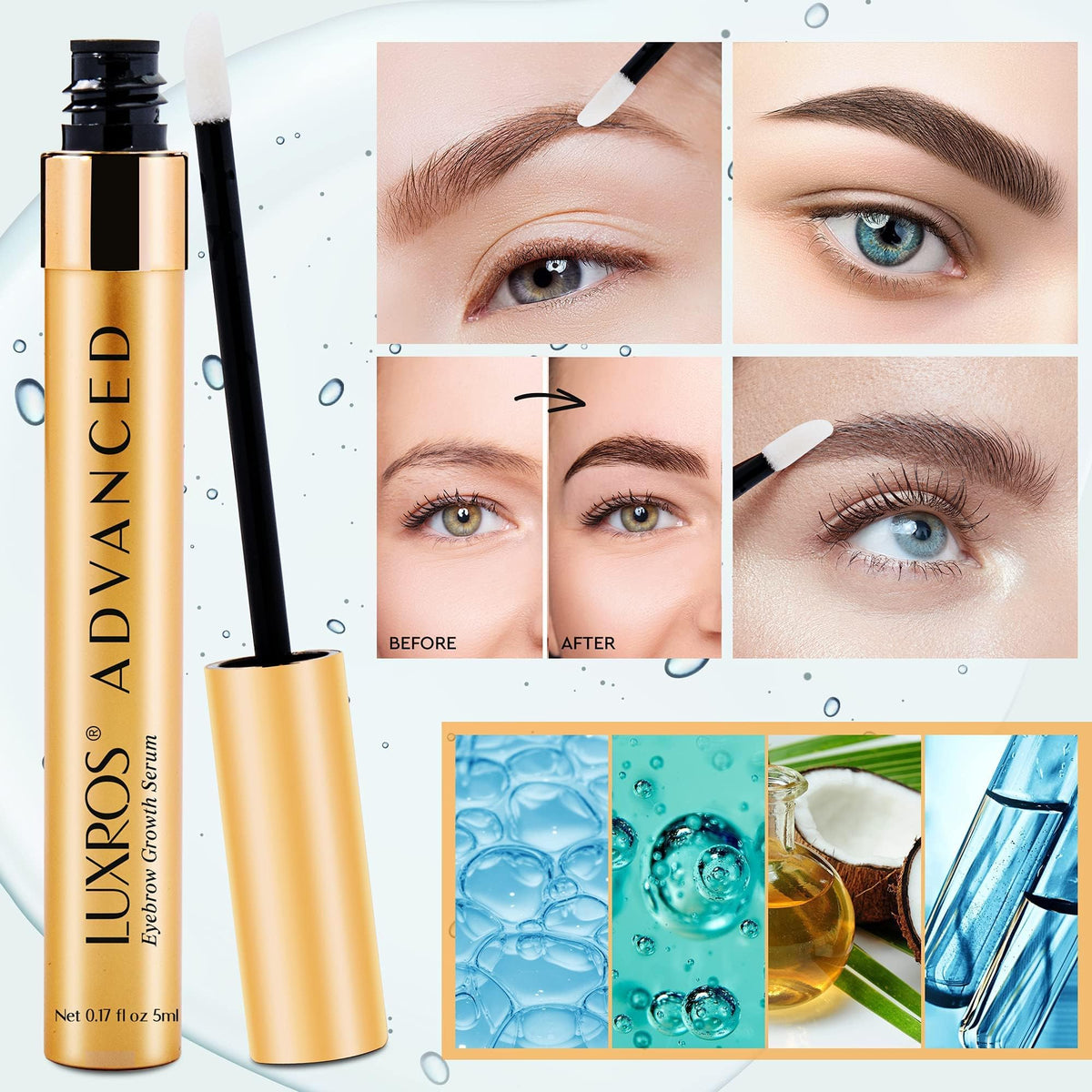 LUXROS before and after comparison showing visible fuller brows benefit