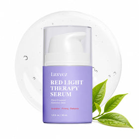 Luxvez front packaging of red light therapy activation serum showing bottle benefits