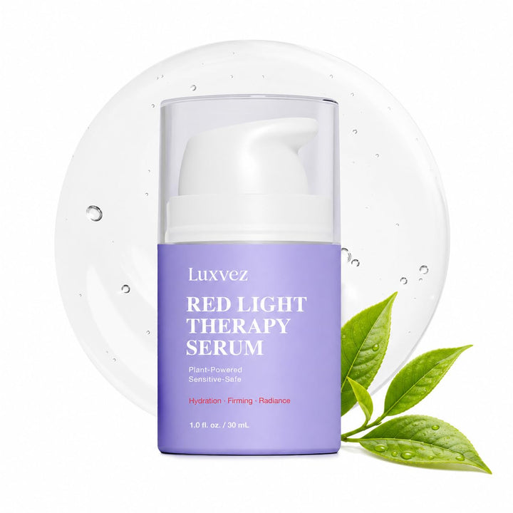 Luxvez front packaging of red light therapy activation serum showing bottle benefits