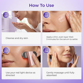 Luxvez serum bottle on bathroom counter conveying daily red light routine
