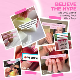 LUXXI applying glue to press-on nail illustrating controlled application and strong bond
