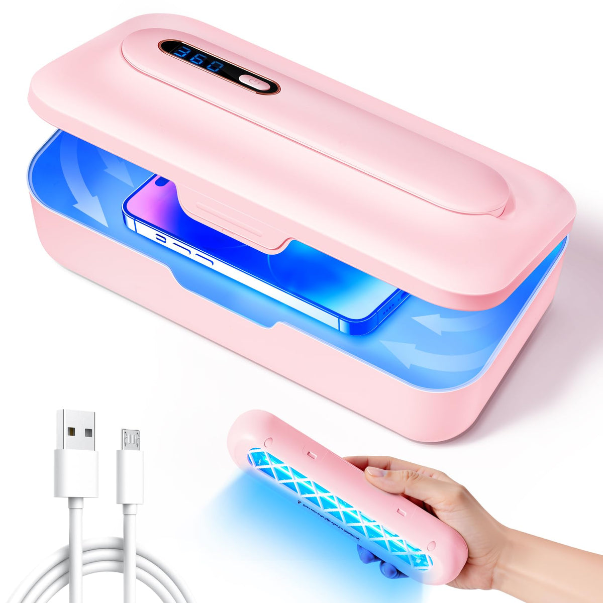 LXIANGN sterilizer front view showing compact pink case and easy access