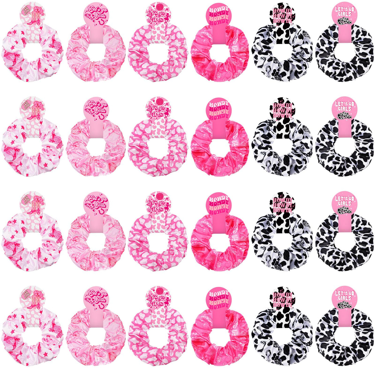 Lyrow front packaging showing 24 cowgirl scrunchies and colorful designs for gifting