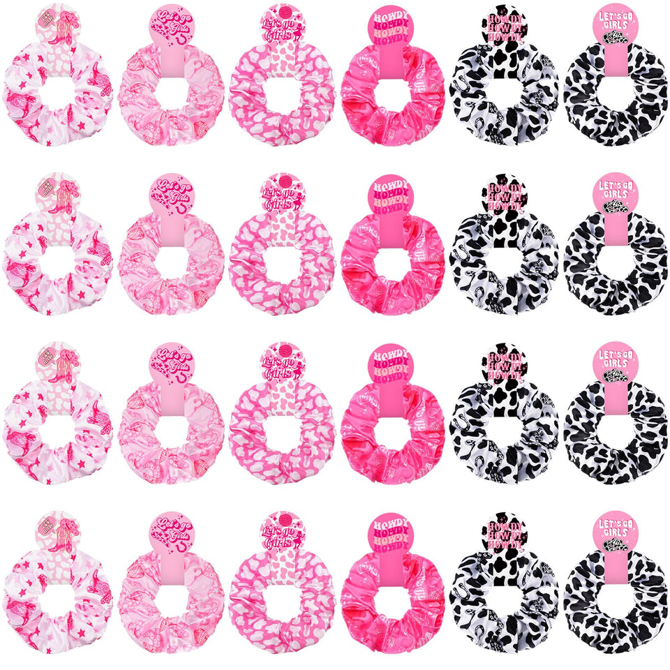 Lyrow front packaging showing 24 cowgirl scrunchies and colorful designs for gifting