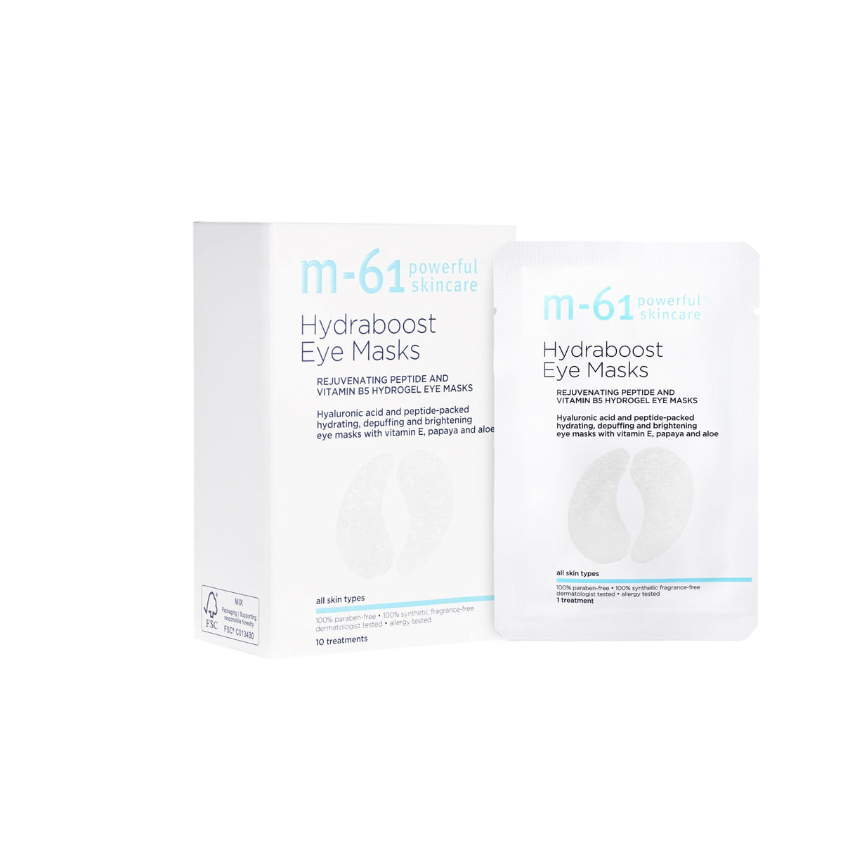 m-61 front packaging showing ten hydra eye treatments and product benefits
