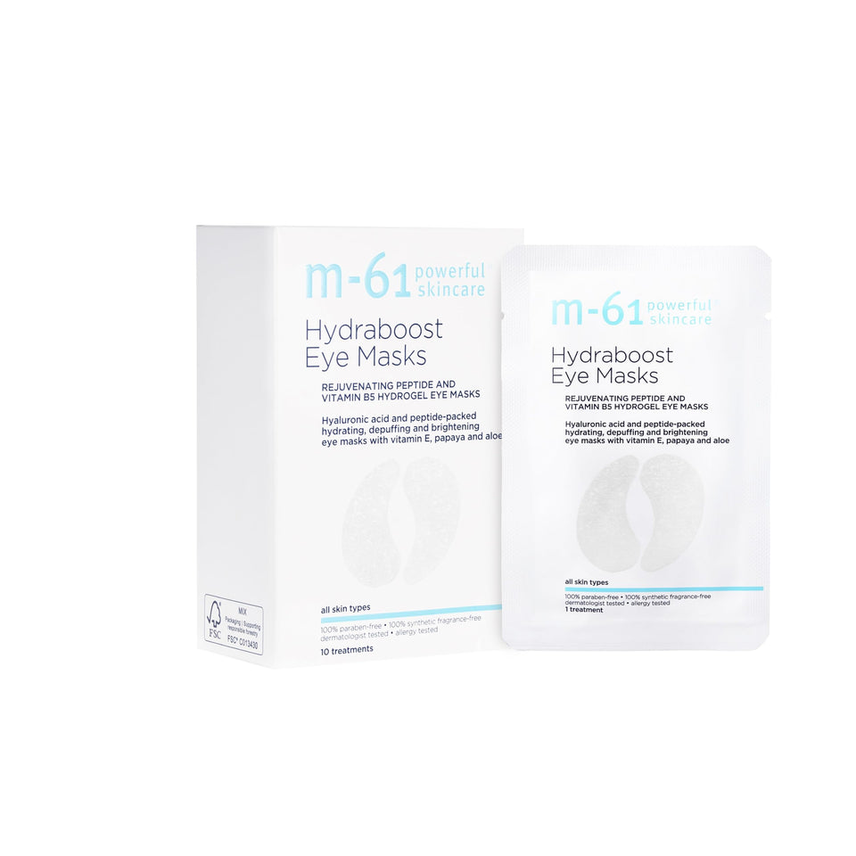 m-61 front packaging showing ten hydra eye treatments and product benefits
