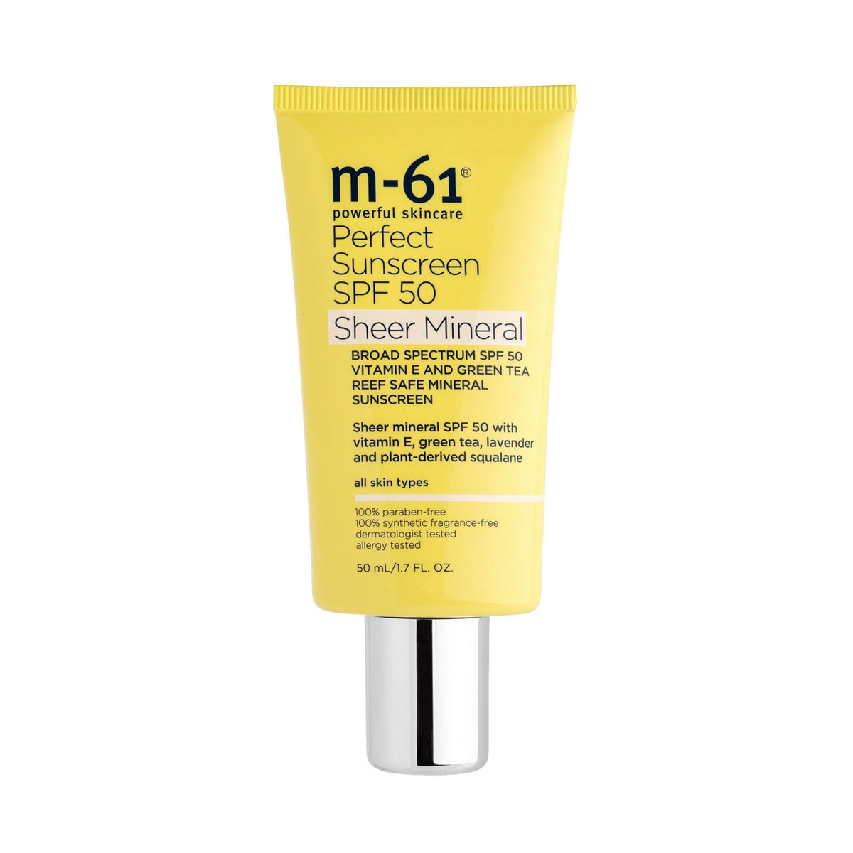 m-61 front packaging showing SPF 50 and sheer finish benefit