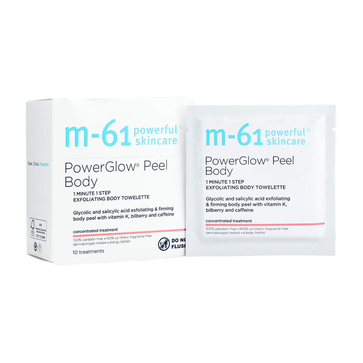 m-61 front packaging showing 10 individually wrapped body towelettes and benefits