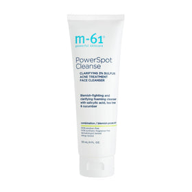 m-61 front packaging showing cleanser bottle and clear benefit