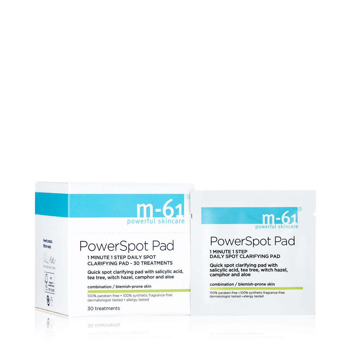 m-61 front packaging showing 30 treatment pads for quick spot care