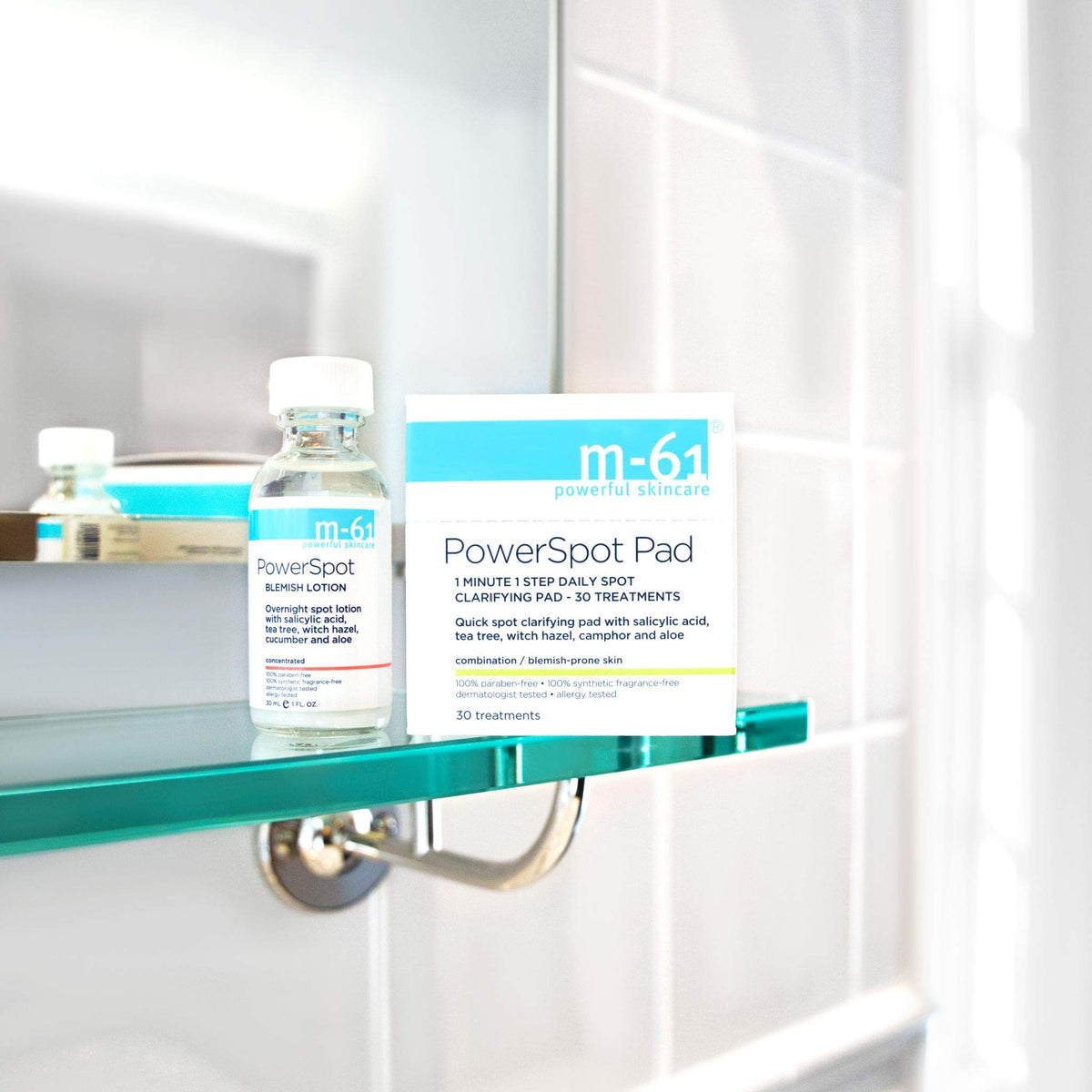 m-61 product label listing salicylic acid, tea tree, witch hazel benefits