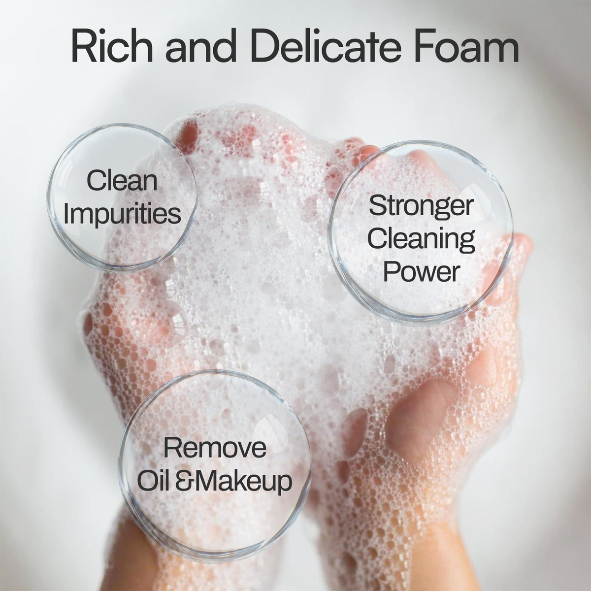 M foam texture dispensed on hand for soft cleansing feel
