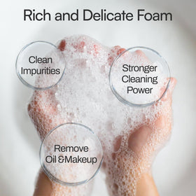 M foam texture dispensed on hand for soft cleansing feel