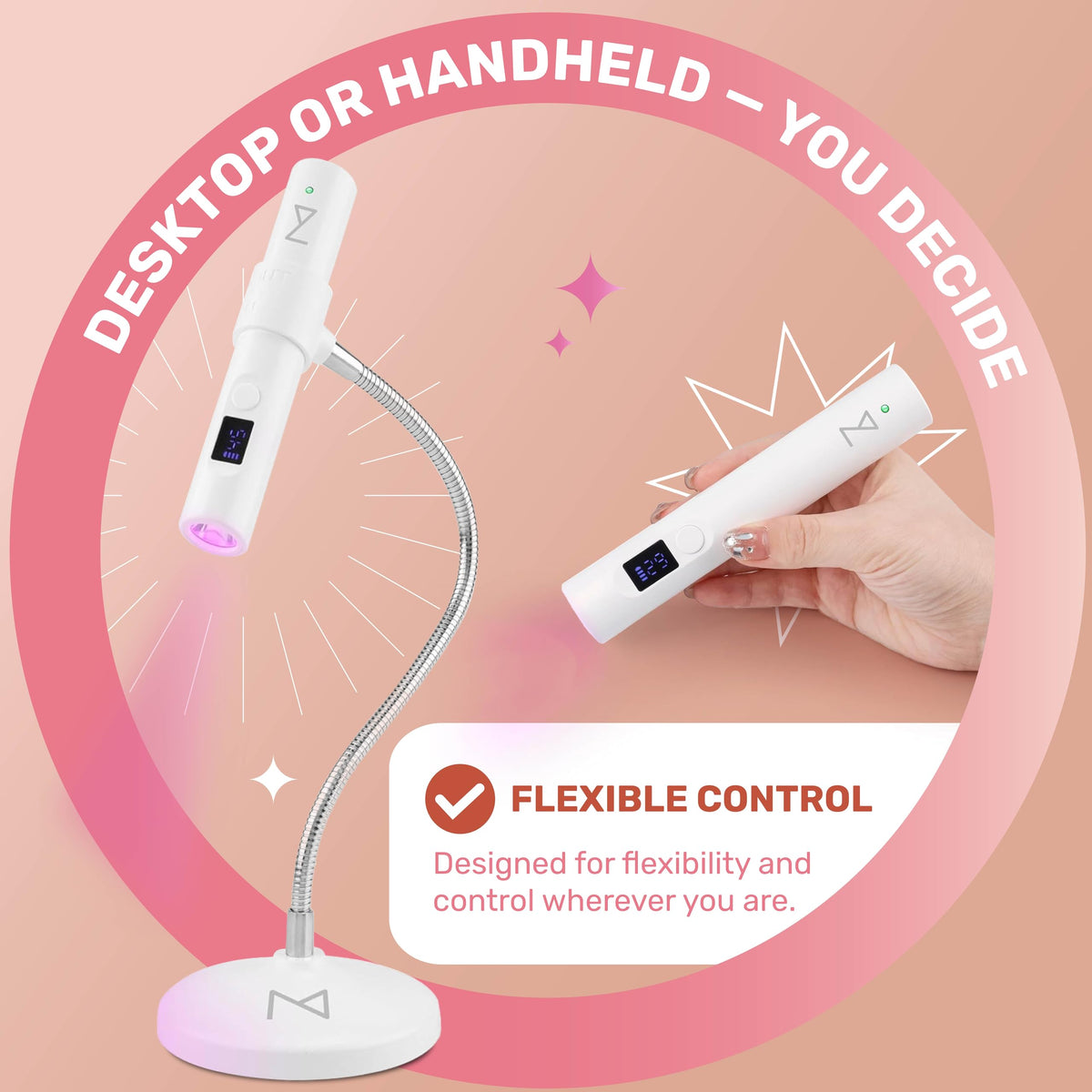 M GlamCure GO in handheld mode showing portable use for targeted nail work