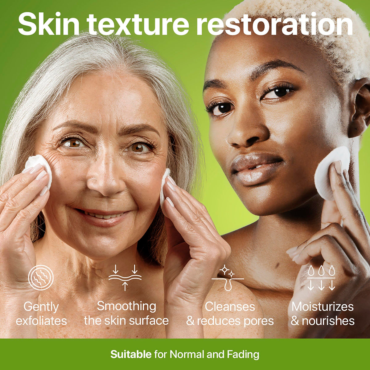 M-REDI pad being applied to face illustrating easy swipe application and instant feel