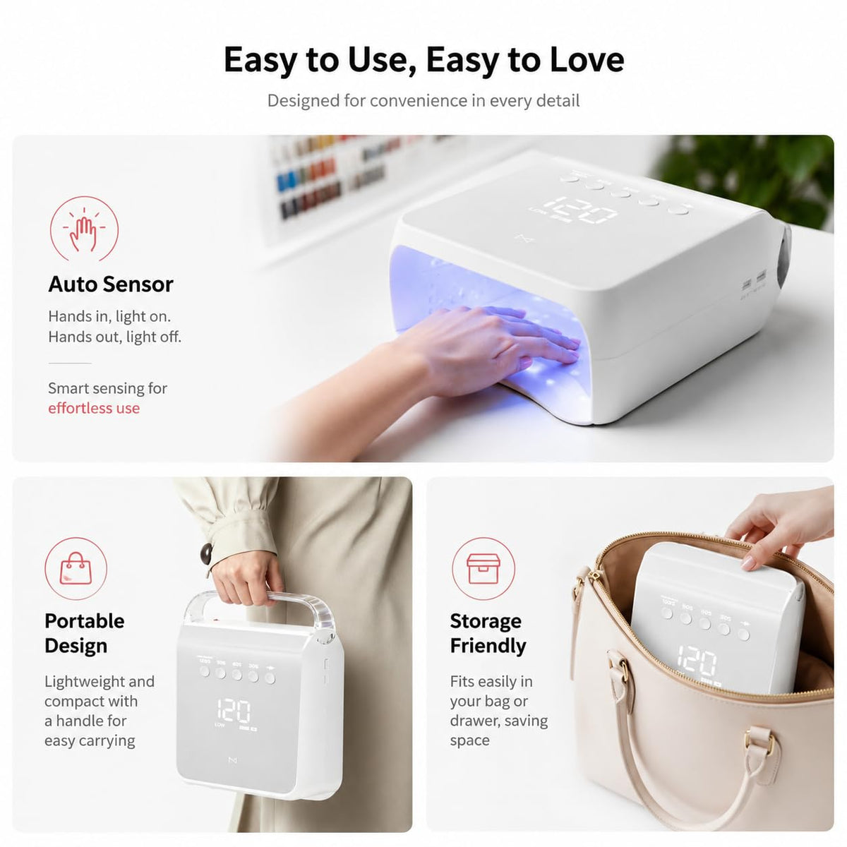 M brand lamp held in hand showing cordless battery flexibility benefit