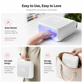 M brand lamp held in hand showing cordless battery flexibility benefit