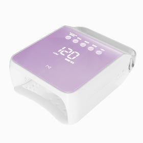 M brand nail lamp front view showing pink finish and even curing benefit
