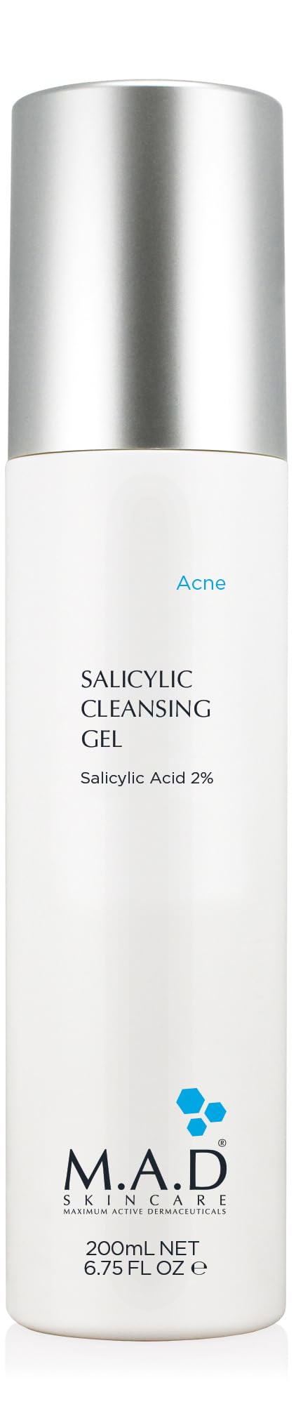 M.A.D Skincare salicylic cleansing gel front bottle showing label and size, clear benefits