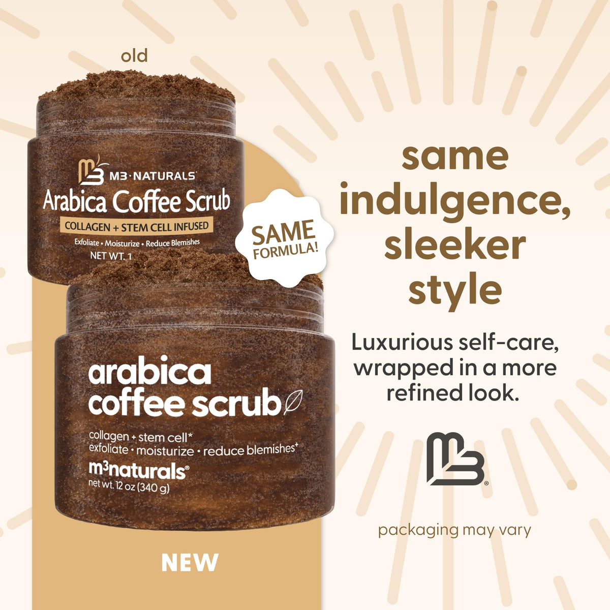 M3 Naturals open jar displaying gritty Arabica texture and creamy base for effective exfoliation