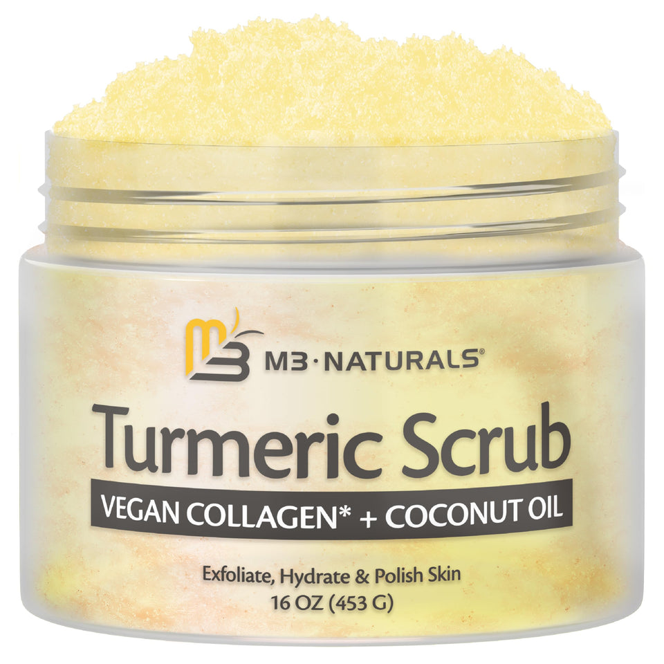 M3 Naturals jar front view showing turmeric scrub for full-body exfoliation