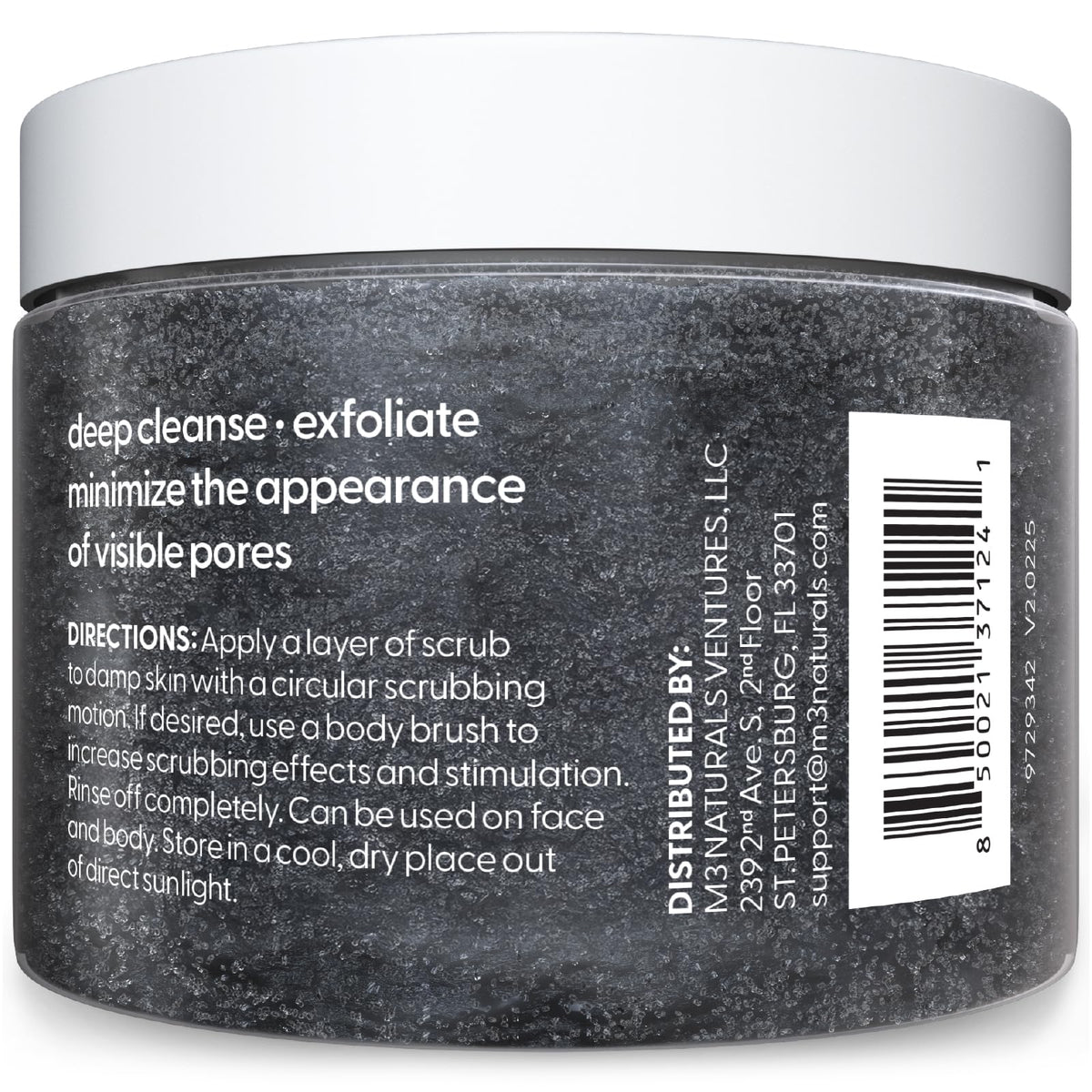 M3 Naturals close-up of charcoal salt texture highlighting exfoliation