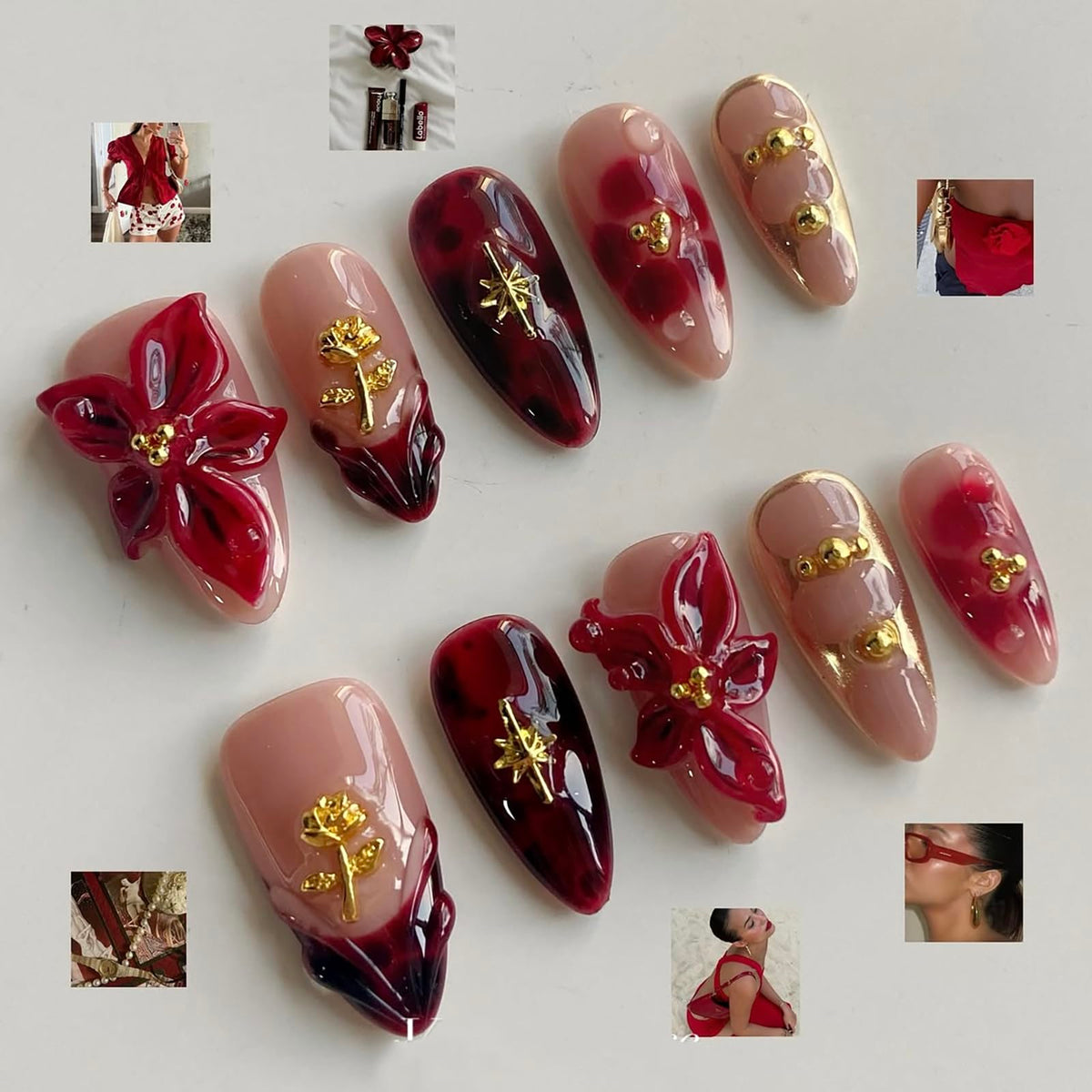 MABKJLF close-up of 3D red floral French detail highlighting craftsmanship