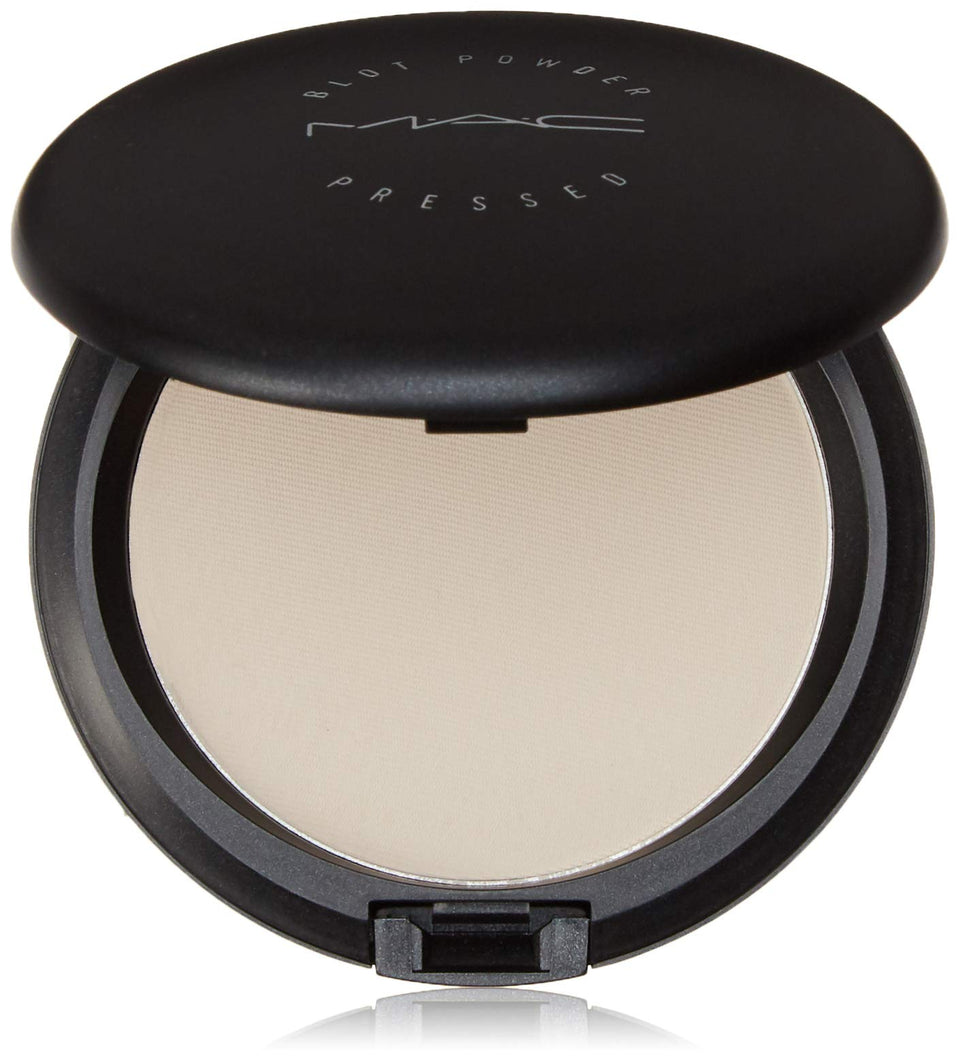 MAC blot powder pressed compact front view showing slim case and product benefit mattifies skin