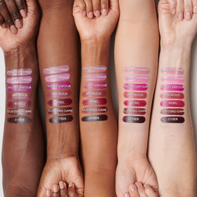 MAC Brave lip swatch on model showing wearable pink-beige result