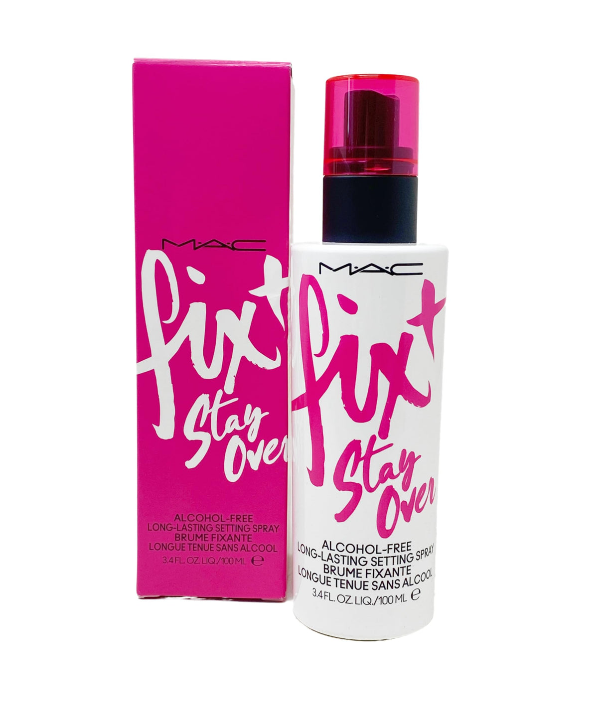 M.A.C Fix + Stay Over front packaging showing bottle and label for clear product ID and benefit