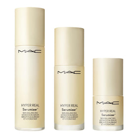 MAC Hyper Real Serumizer on bathroom vanity in lifestyle scene promoting daily glow