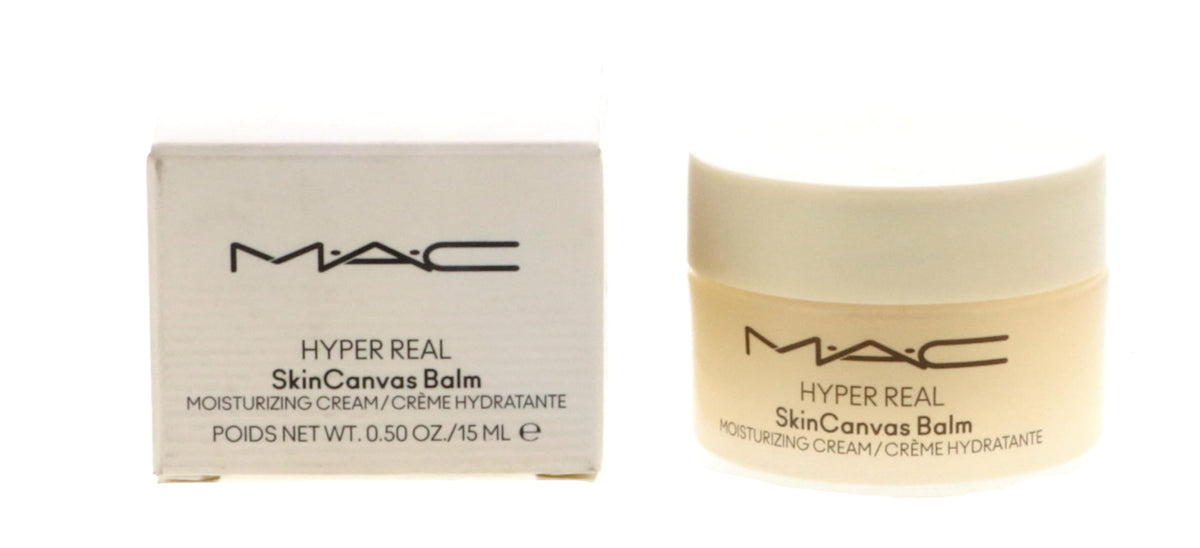 MAC Hyper Real SkinCanvas front packaging showing compact jar and label benefit
