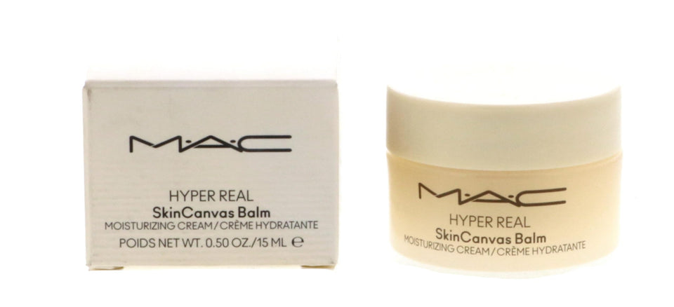 MAC Hyper Real SkinCanvas front packaging showing compact jar and label benefit