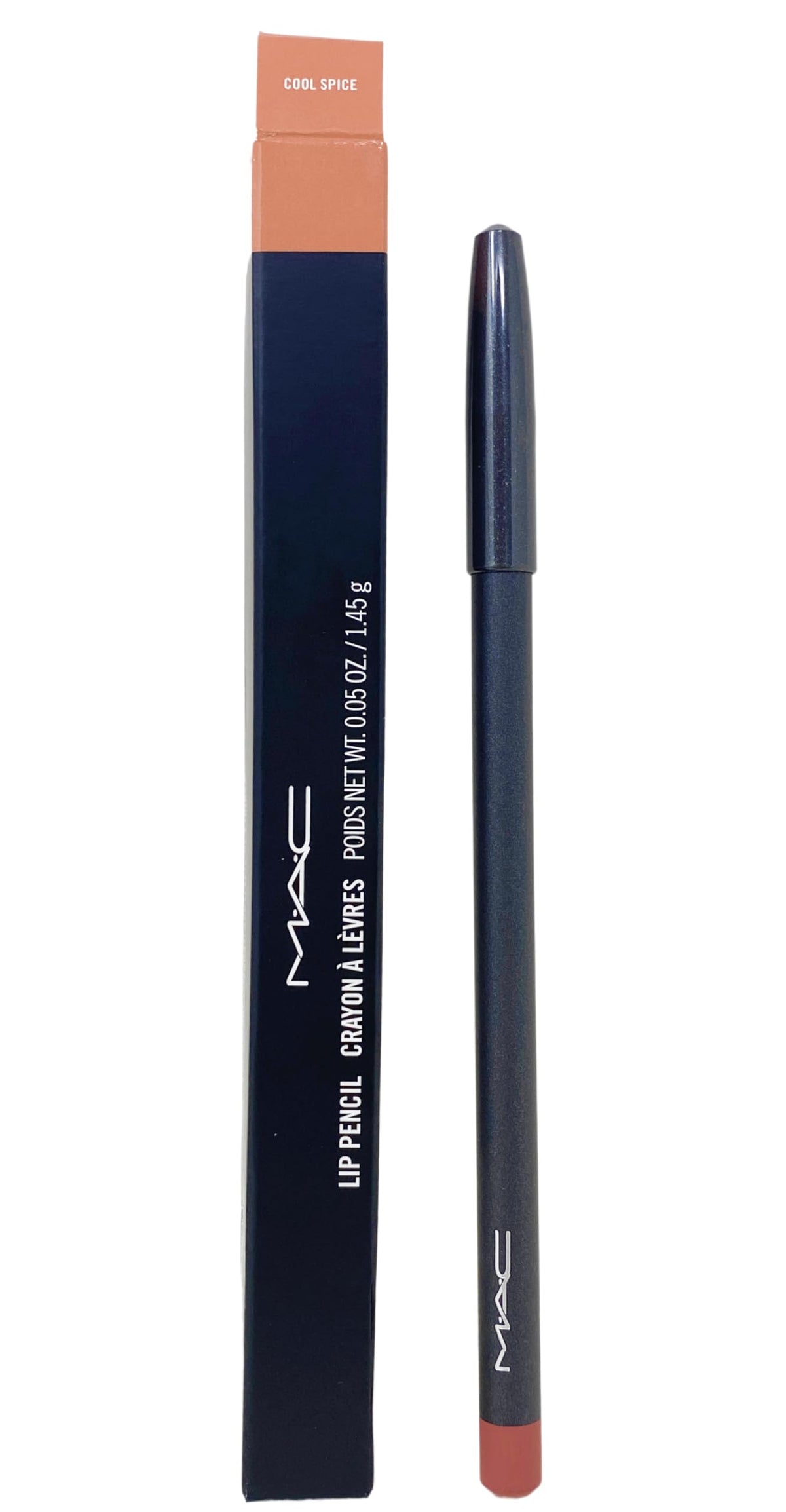 MAC lip pencil front view showing Cool Spice shade and packaging benefit of portability