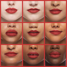 MAC lip pencil Ruby Woo close-up application on lips demonstrating smooth glide and bold color