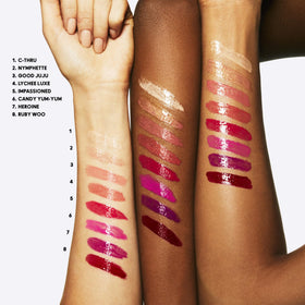 MAC Lipglass packaging label close-up showing ingredient clarity and clean formula benefit