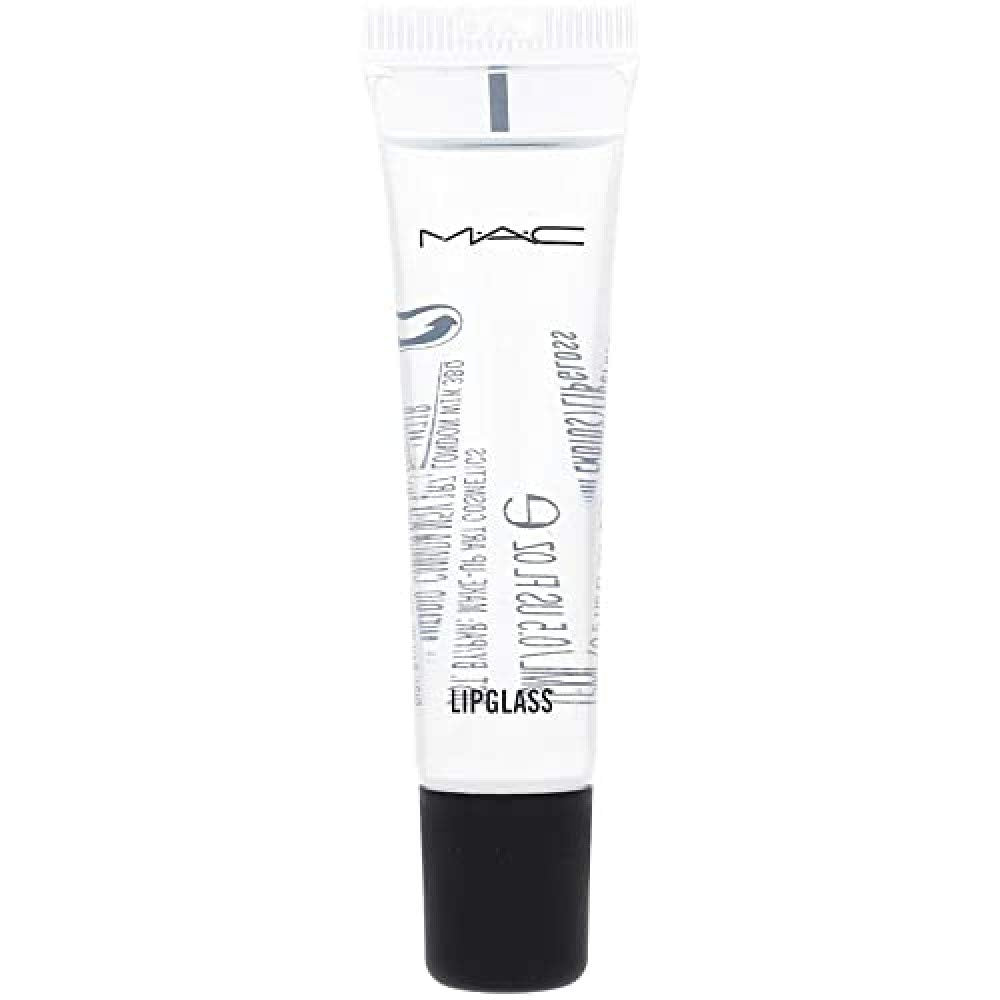 MAC clear Lipglass front tube showing glossy finish and travel-ready size benefit