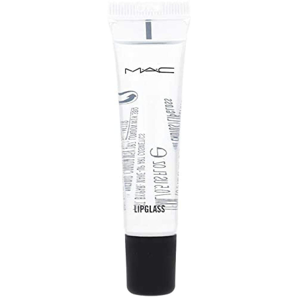 MAC clear Lipglass front tube showing glossy finish and travel-ready size benefit