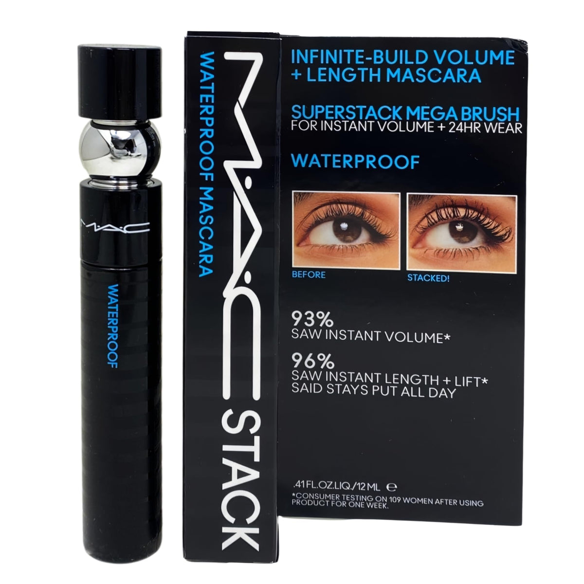 M·A·C front packaging of M·A·CStack mascara showing product and benefit of buildable volume