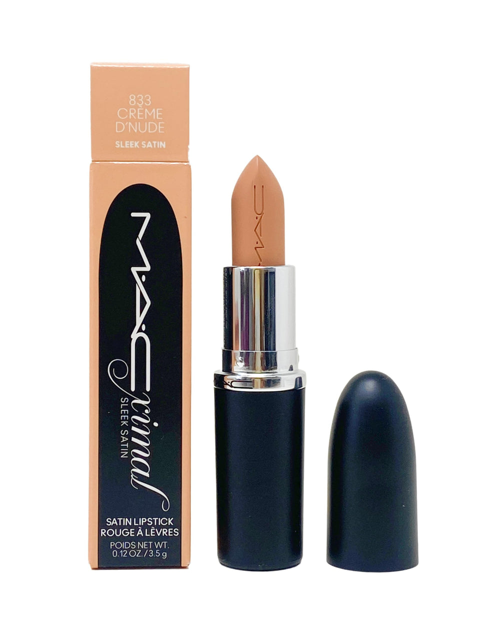 MAC M.A.Cximal front packaging showing pale peachy beige, creamy finish for smooth lips