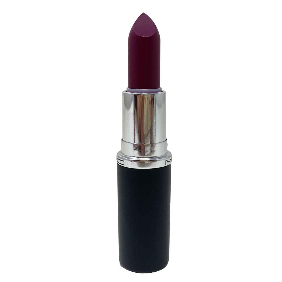MAC M.A.Cximal lipstick swatched on lips in lifestyle shot showing true plum color benefit