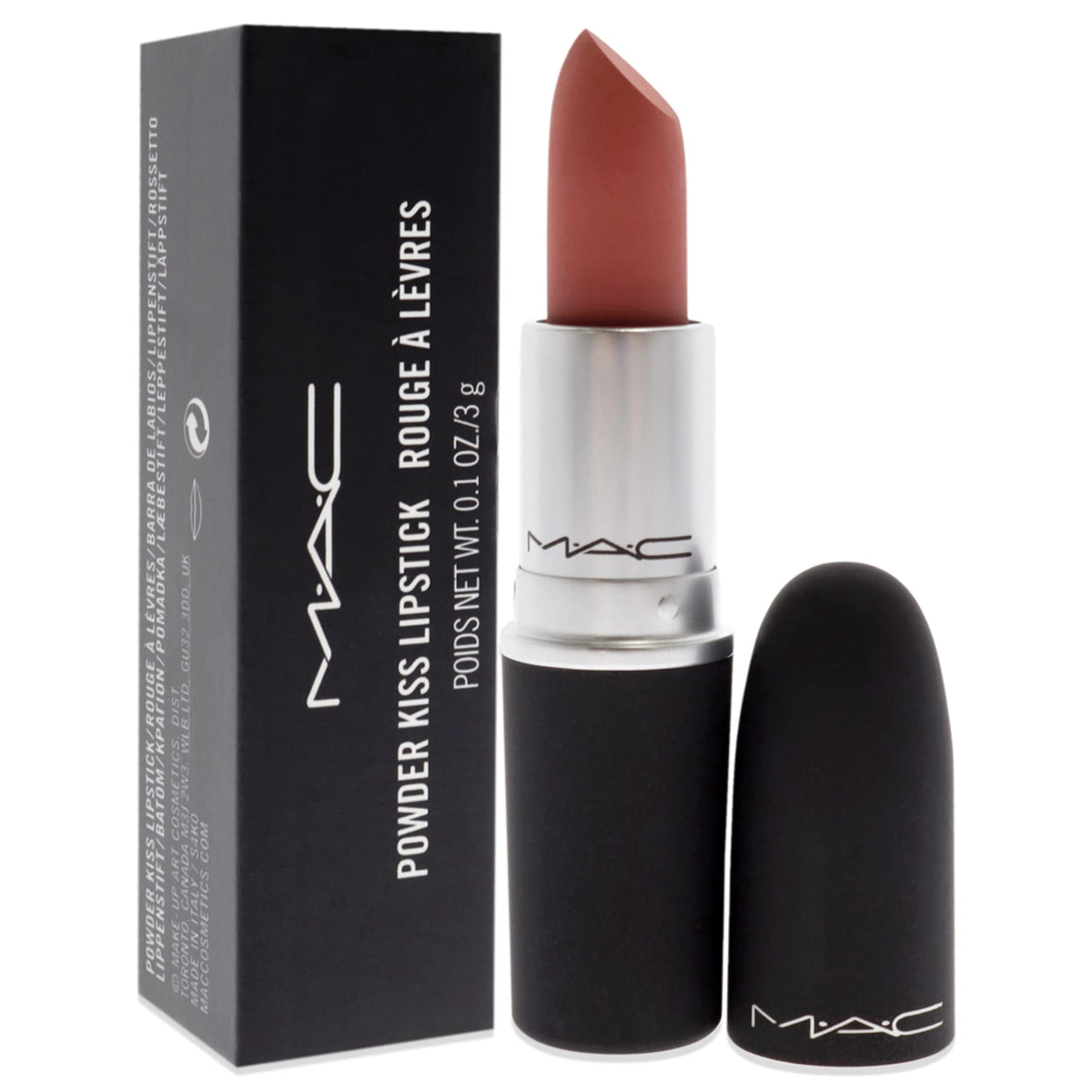 MAC Powder Kiss next to coin for scale showing compact 0.1 oz size benefit: travel-friendly