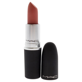 MAC Powder Kiss open bullet close-up showing creamy tip and soft-focus finish benefit: precise application